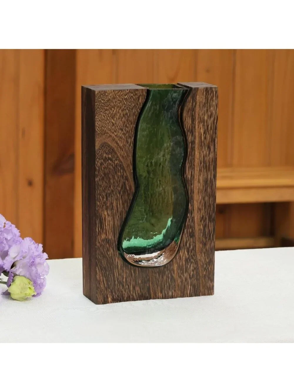Rustic Wooden and Glass Inlay Flower Vase - Farmhouse Home Decor Centerpiece